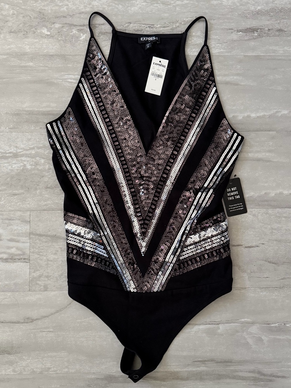 Express Black One-Piece with Silver Sequin Chevron Detail